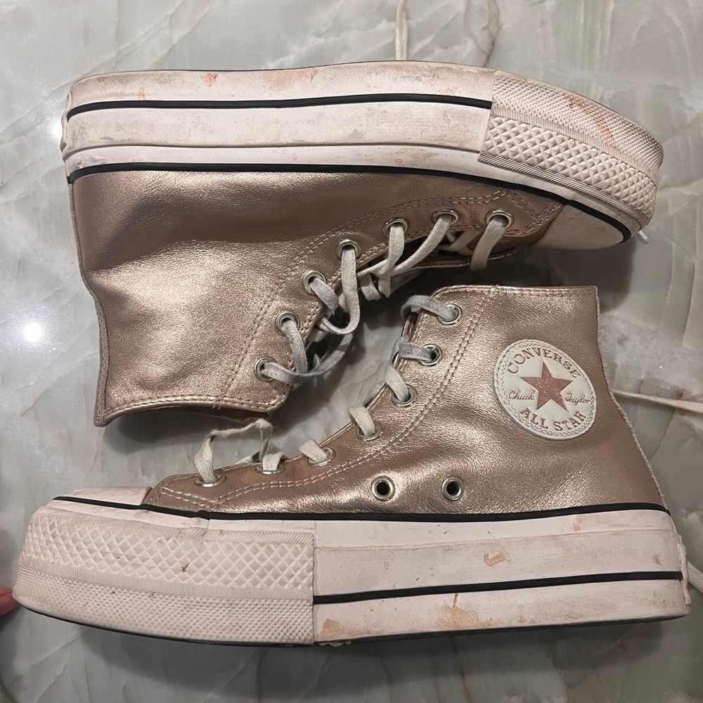 Metallic platform converse in rose gold with leather embellishment